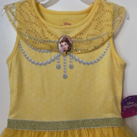 NWT DISNEY PRINCESS BELLE DRESS SIZE M 7-8 SPARKLE TULLE YELLOW GLITTER BELT - Picture 2 of 11